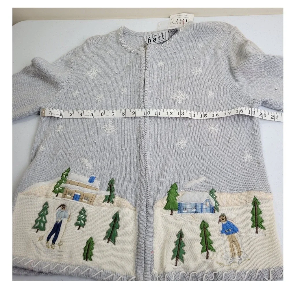 NOS VTG Keren Hart Cardigan Sweater Winter Ski Scene Bead Snowflake Gray Small